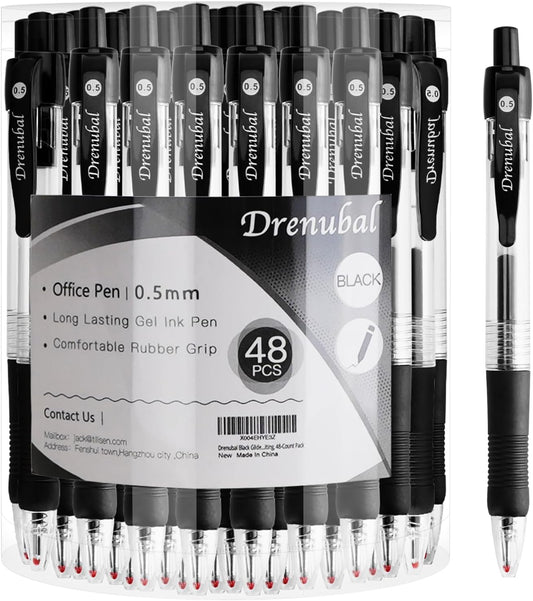 Black Glide Retractable Ball Pens, Medium Point (0.5mm), Comfortable Rubber Grip For Writing, 48-Count Pack