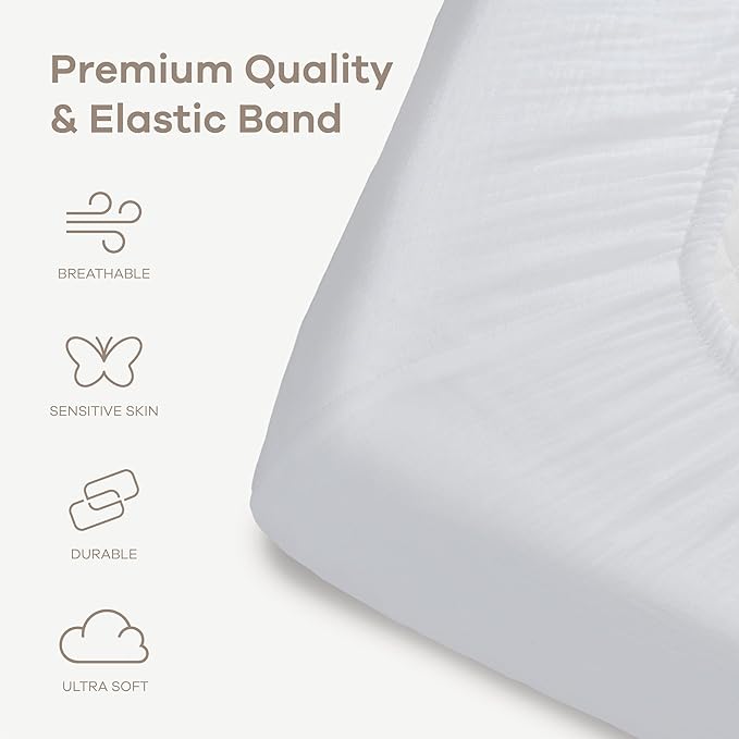 Comfy Cubs 100% Muslin Cotton Fitted Crib Sheet - Soft, Standard & Breathable Crib Sheets for Toddler Mattress - Snug Fit, Secure Elastic with Beautiful Packaging for Boys & Girls - White