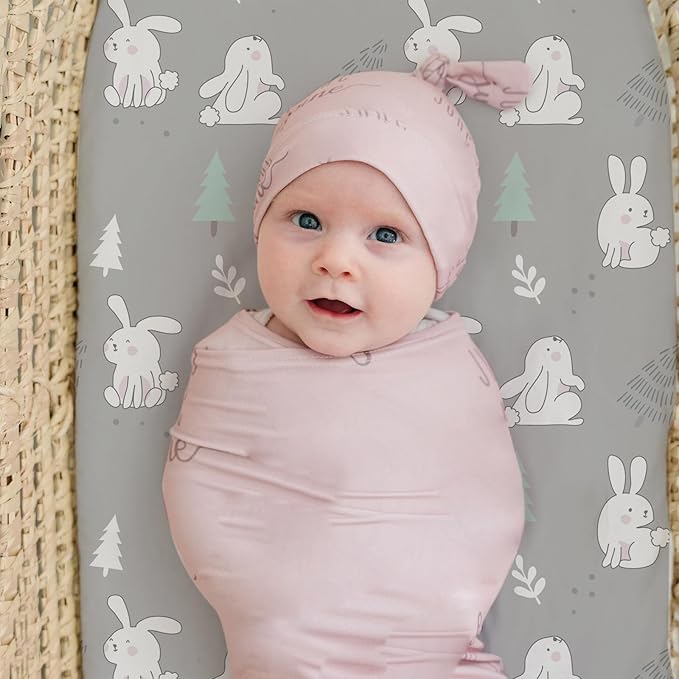 Stretch Fitted Bassinet Sheet Set BROLEX 2 Pack Cradle Sheets for Bassinet Pad/Mattress,Unisex Boys Girls,Ultra Soft,Pink-Bellied Rabbit