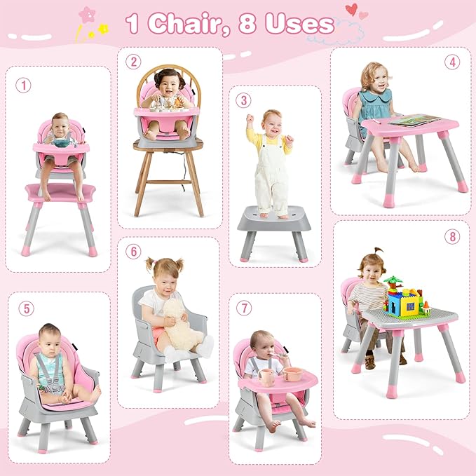KOTEK Baby High Chair, 8 in 1 Convertible Highchairs for Babies and Toddlers, Building Block Table, Booster Seat, Toddler Chair with Removable Tray, Safety Harness, Dual Cushions (Pink)