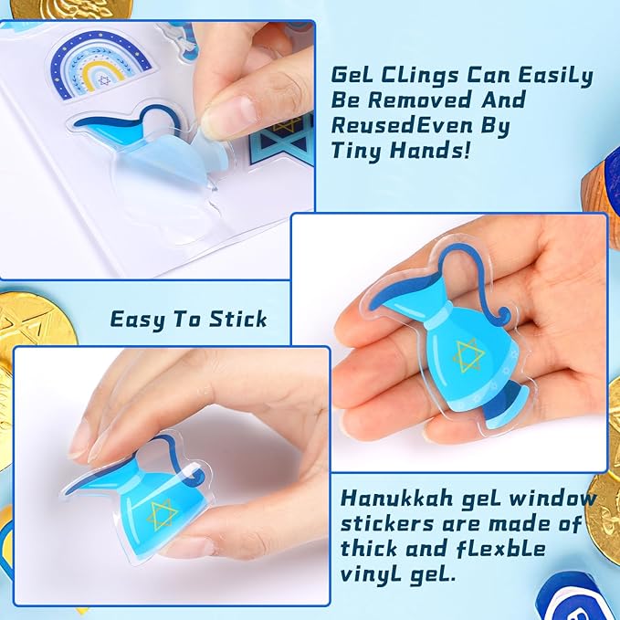 MARFOREVER 50 Pcs Hanukkah Decorations Window Gel Clings, Chanukah Window Stickers Decals Removable Reusable Hanukkah Menorah Dreidel for Adults Kids Classroom Home Chanukah Decor Party Supplies