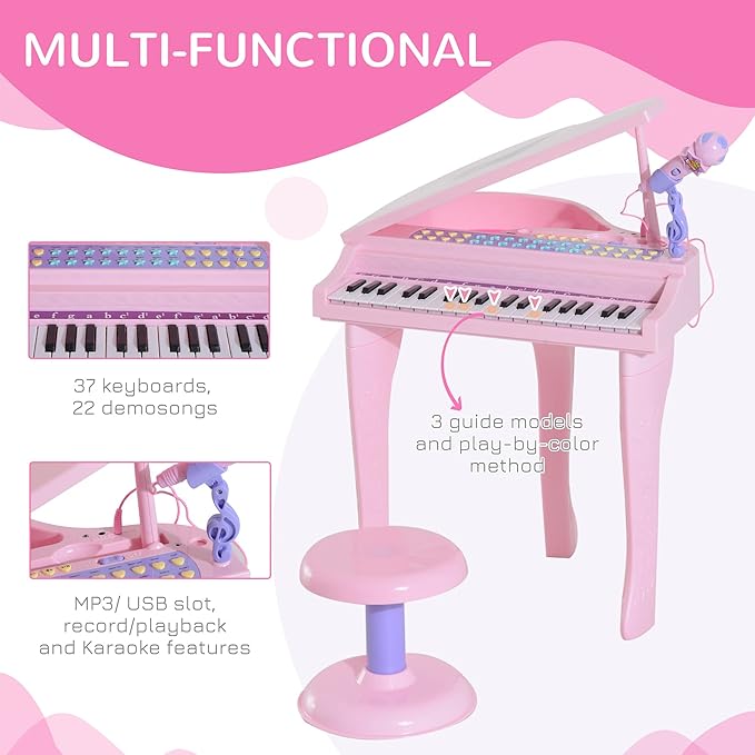 Qaba 37-Key Kids Toy Keyboard Piano Musical Electronic Instrument Grand Piano with Microphone, Stool, MP3, U-Disk, Lights for 3-6 Years, Pink