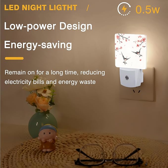 Peach Blossom and Bird Night Light, Plug-in Nightlight with Dusk to Dawn Auto Sensor for Home Bedroom Hallway Kitchen 0.5W Sleep Friendly Led Lamp for Women Men