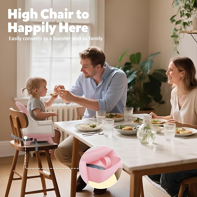 8 in 1 Wooden High Chairs for Babies Toddlers, Convertible to Booster Seat, Baby Feeding Highchair w/ 5-Point Safety Harness, Removable Tray & Cushion, Pink