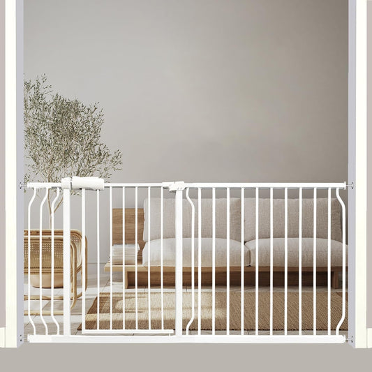 Extra Wide Baby Gate - 62-67 Inch Tension Mounted Safety Child & Pet Gate - White Metal - Walk Through - Long - for House Doorways & Stairs