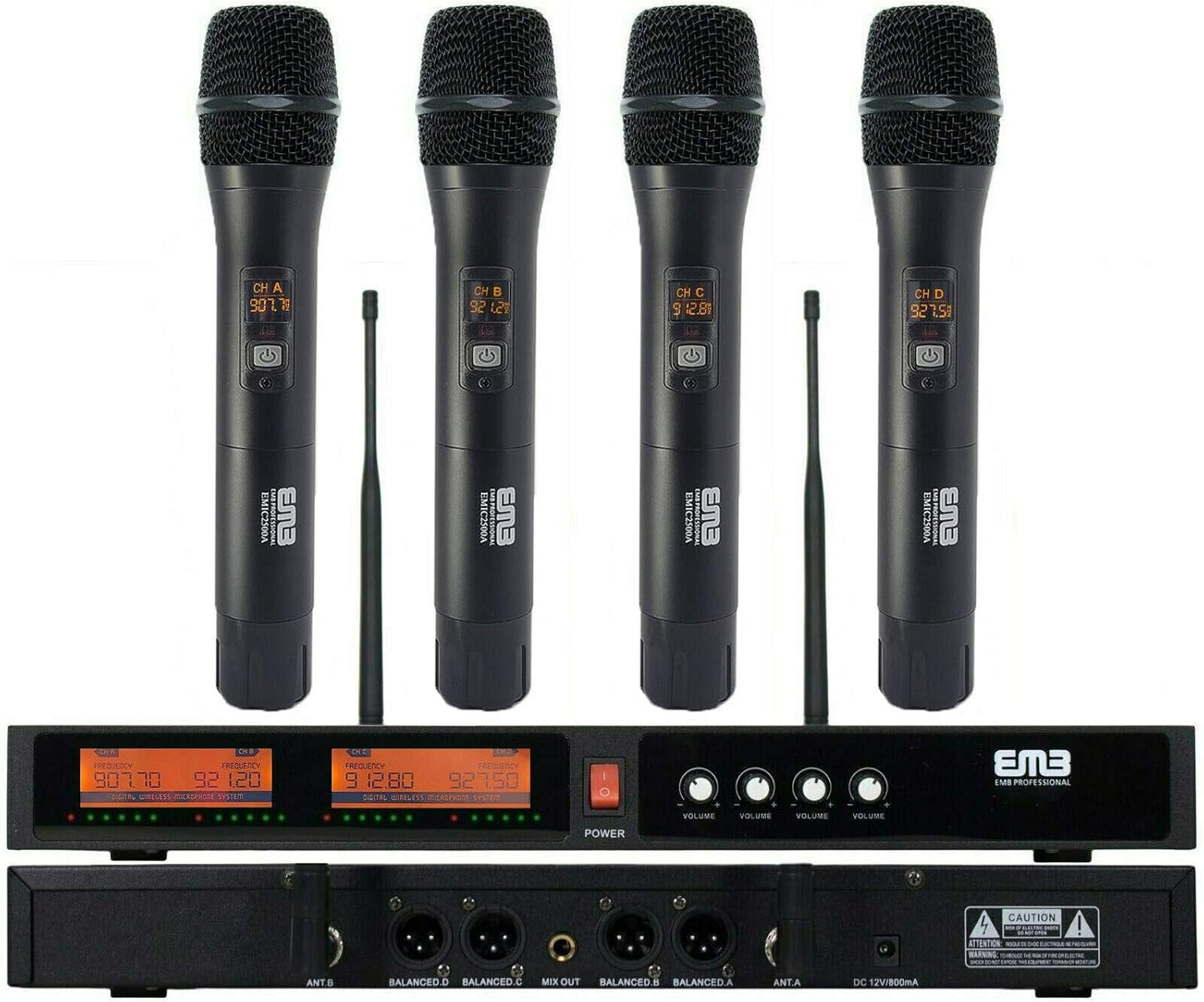 EMB EMIC2500 Wireless Microphone System 4-Channel UHF Cordless Mic Set with Four Handheld Mics, All Metal Build, Fixed Frequency, Long Range 260ft, Ideal for Church, Karaoke, Weddings, Events