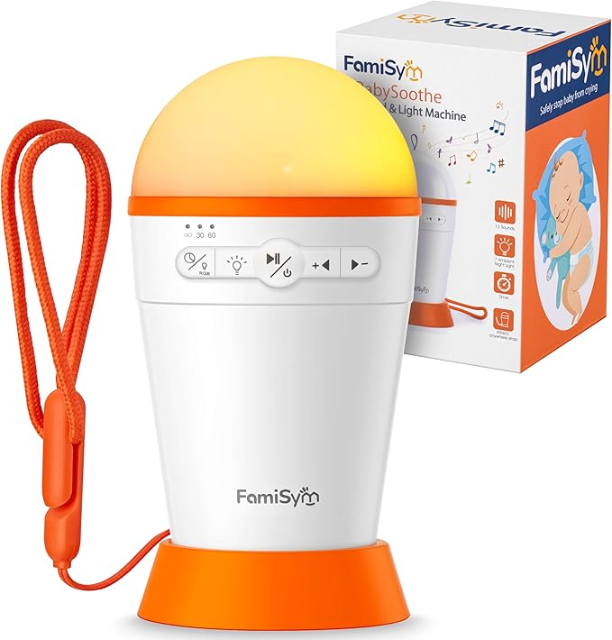 FamiSym Portable Sound Machine for Babies Kids with Night Light - Recharge Battery, 13 Soothing Sounds, Shushing White Noise Machine for Sleeping, Baby Sleep Soother Registry Gift, Baby Shower