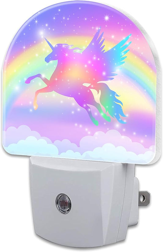 Flying Unicorn and Rainbows Night Light Plug into Wall, Shining Stars and Unicorn Dusk to Dawn Night Light,0.5w Energy Saving Sleep Friendly Nightlights for Kids Boys Girls Home Decor
