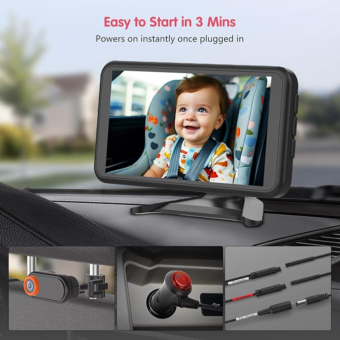 BM2 Car Camera for Baby, 5.2" 1080P Screen with 3X Zoom, Clear Rear-Facing View, 360° Rotating Lens, Easy Installation – Safety for Infants and Pets