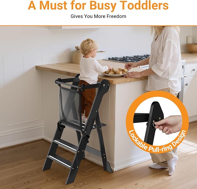 COSYLAND Foldable Toddler Kitchen Stool Helper - Height Adjustable Standing Tower for Bathroom Sink or Kitchen Counter - Step Stool for Toddlers Ages 18 Months to 6 Years Black