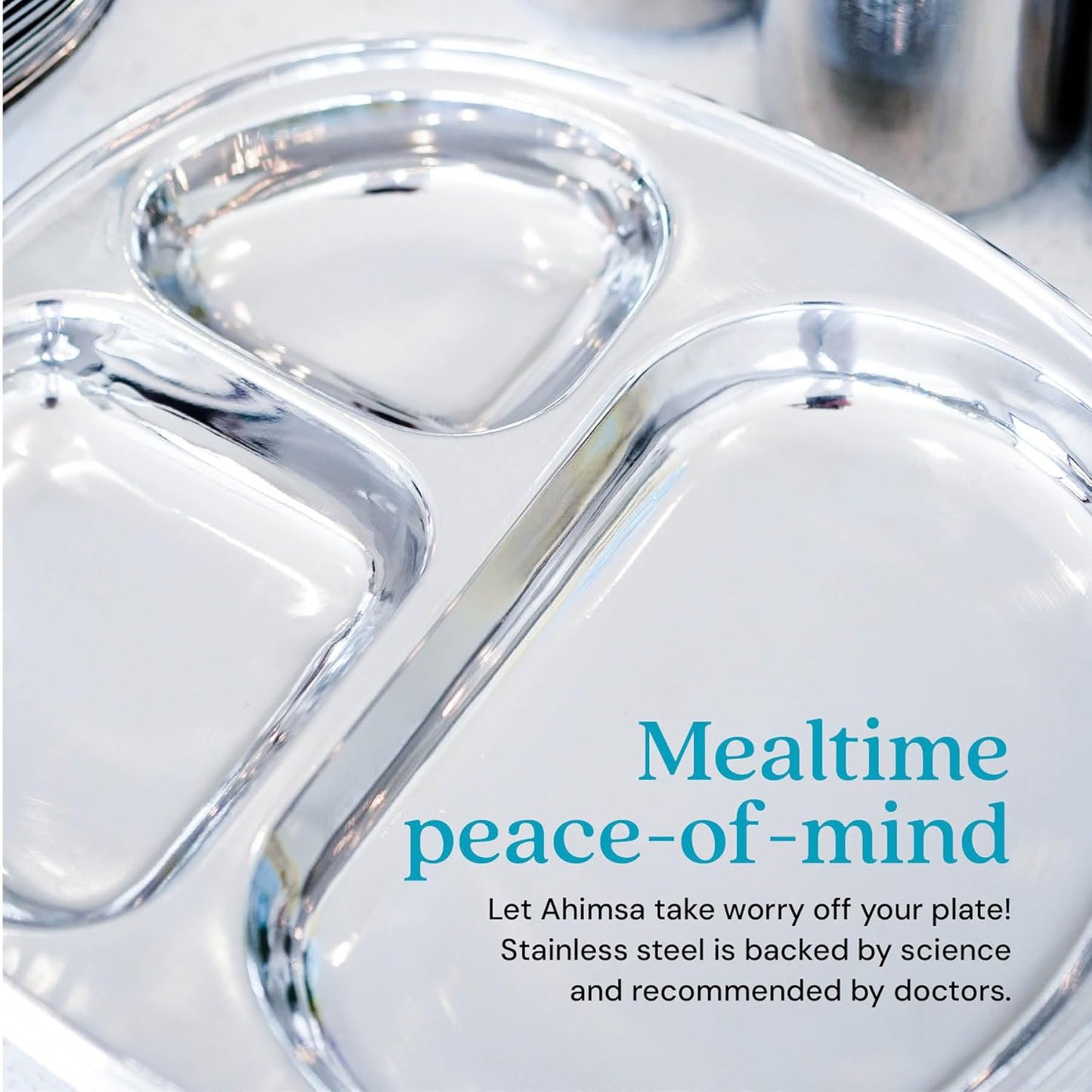 Ahimsa Stainless Steel Plates for Kids - Divided Plates for Toddlers, Pediatrician Designed, Non Toxic Toddler Plate, Camping Plate, BPA Free & Dishwasher Safe (Set of 4)