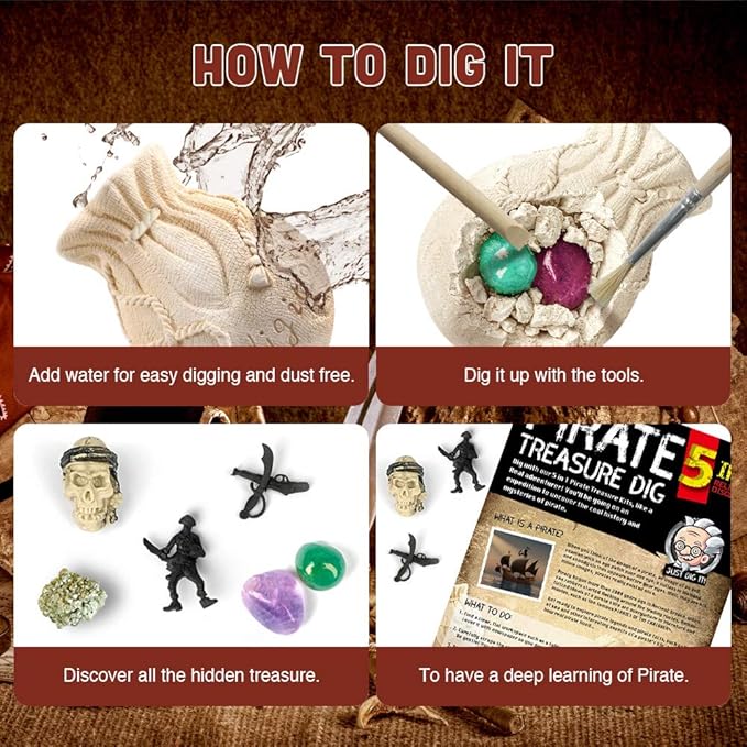 XXTOYS Pirate Treasures Dig Kit Break Into 5 Bricks Treasure Excavation Kits Pirate Toys Gems Dig Kits Interactive Excavating Toys Great Birthday Gift Party Supplies Archeology Educational STEM Kits