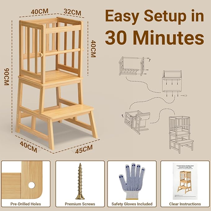 COSYLAND Kitchen Step Stool for Toddlers – Stable A-Frame Design Kids Standing Tower with Protective Crossbar – Wooden Learning Stool for Kitchen Island Counter, Bathroom (Natural)