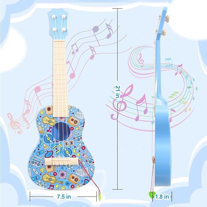 LeeQee 21in Colorful Graffiti Ukulele Guitar for Kids, 4 Strings Kids Guitar Ukulele Musical Instruments Learning Educational Toys with Picks for 3 4 5 6 7 8 9 10 11 12 Toddler Boys Girls (Blue)