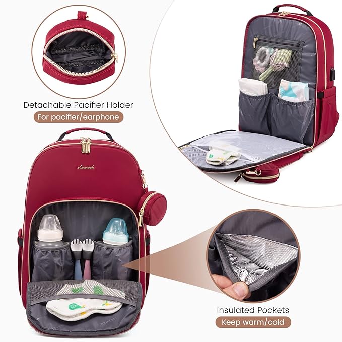 LOVEVOOK Diaper Bag Backpack, Quilted Baby Bag with Changing Pad & Pacifier Holder, Waterproof Travel Diaper Bags for Baby Boys Girls, Stylish and Large Capacity,Wine Red