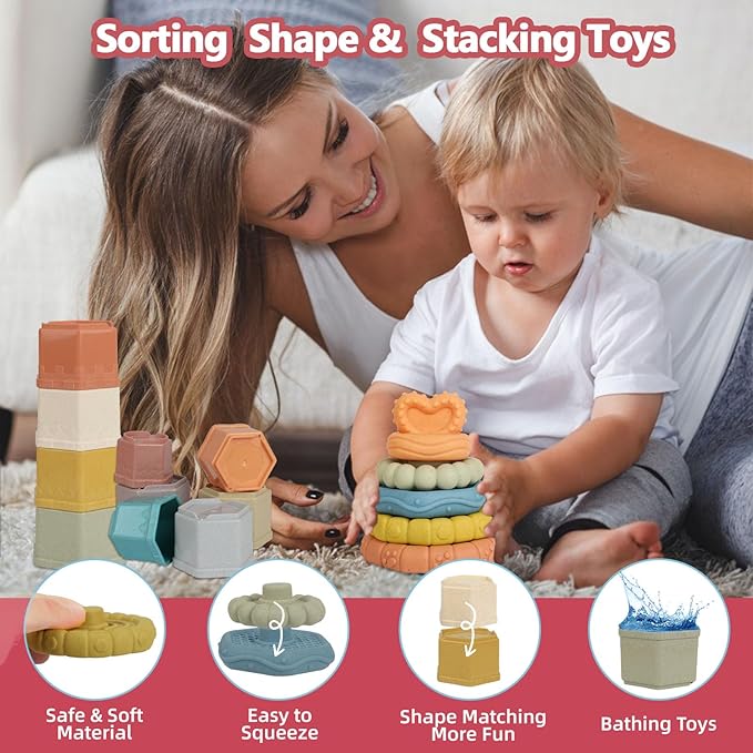 Shape Sorters Baby Toys 5 in 1 Montessori Toy for 6-48 Months Stacking Cups,Rings Toy Links,Soft Stacking Rings,Blocks Set,Soft Animals Toys Shape Sorters for Toddlers 1-3