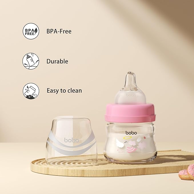 YOHKOH Glass Baby Bottles with Slow Flow Nipple, Newborn Anti-Colic Baby Bottles for 0+ Months, Wide Neck Feeding Bottle, Clear (Red, 2.7oz (Pack of 2))