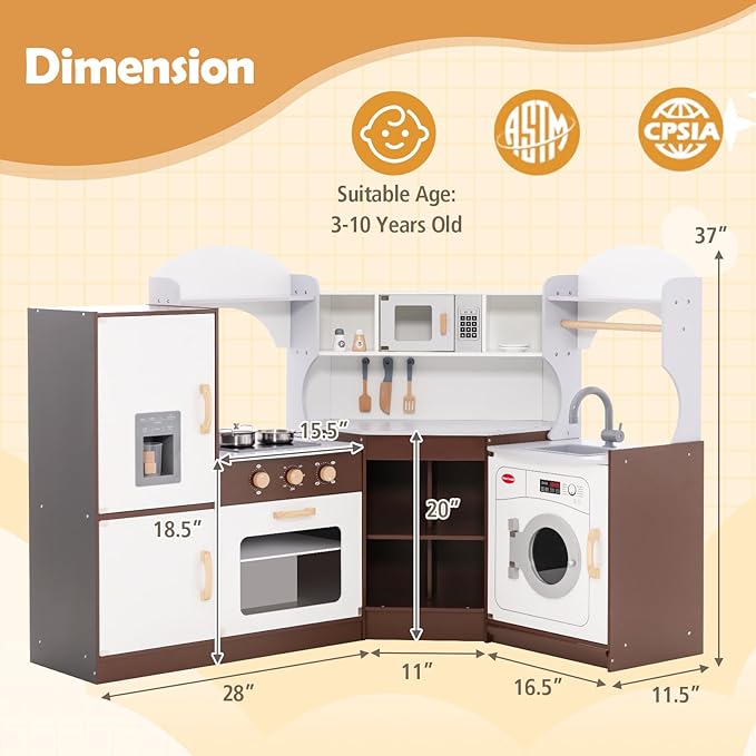 Costzon Corner Kids Kitchen Playset, Wooden Play Kitchen with Sounds & Lights, Washing Machine, Ice Maker, Microwave, Oven, Sink & Faucet, Pretend Toy Kitchen Set for Toddler, Gift for Boys Girls