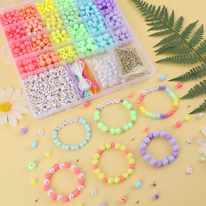 Candy Color Acrylic Beads Kit Pastel Round Beads Assorted Plastic Bead Kit Letter Pearl Colorful Elastic String CCB Cute Loose Spacer Bulk for Bracelets Necklace Jewelry Making DIY Crafts