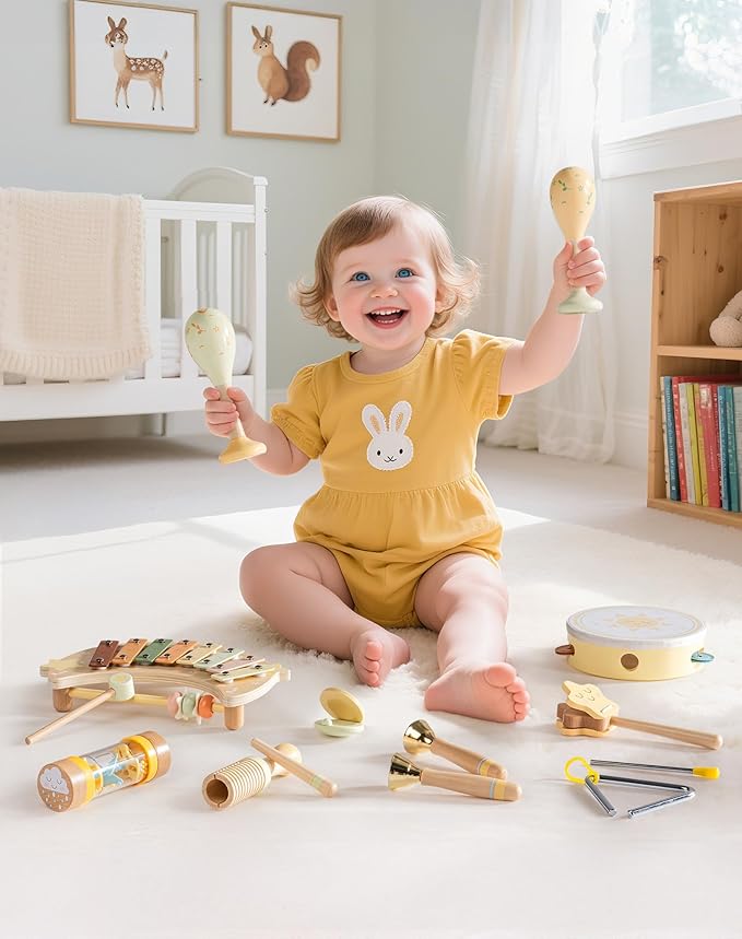 ROBOTIME Baby Musical Instruments Set, 11 PCS Wooden Toddler Musical Toys with Xylophone Percussion Instruments, Montessori Musical Toys for Preschool Kids Girls Boys