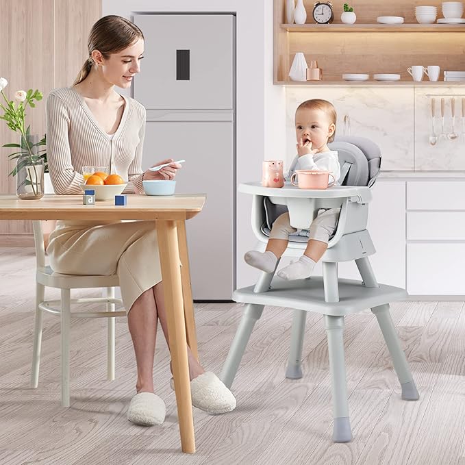 KOTEK Baby High Chair, 8 in 1 Convertible Highchairs for Babies and Toddlers, Building Block Table, Booster Seat, Toddler Chair with Removable Tray, Safety Harness, Dual Cushions (Gray)