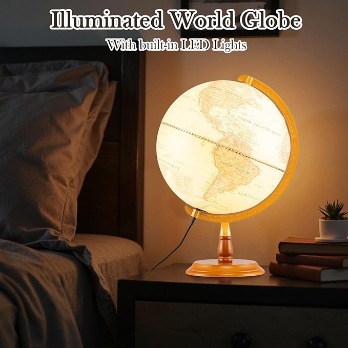 12" Illuminated World Globe, Desktop Globe with Raised Relief, LED Lights, Time Zone & Non-Slip Wooden Base, Geographic Terrain Globes for Decoration (Bronze)