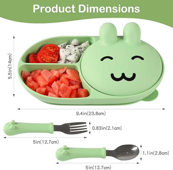 Silicone Baby Plate,Self-feeding of infants after weaning, 100% Food Grade Silicone, BPA Free, 3 Compartments Separated Including Fork and Spoon, Non-Slip With Suction Cups, Toddler plates (green)