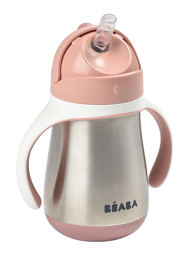 BEABA Stainless Steel Straw Sippy Cup, Insulated Toddler Cups Spill Proof with Removable Handles, Made with High Grade Stainless Steel, 8+ months, 8.5 oz, Rose