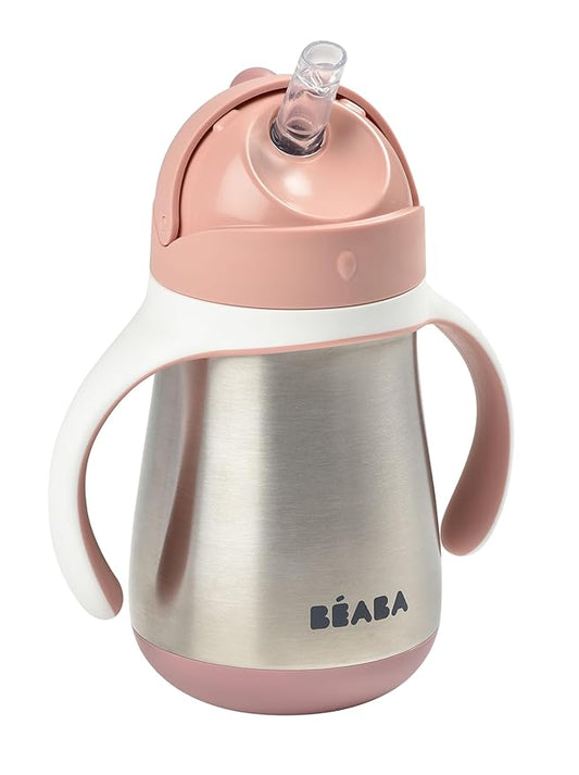 BEABA Stainless Steel Straw Sippy Cup, Insulated Toddler Cups Spill Proof with Removable Handles, Made with High Grade Stainless Steel, 8+ months, 8.5 oz, Rose