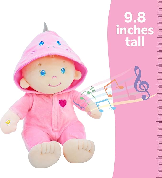 June Garden 12" Musical Sweet Dolly Dinopuff - Interactive Stuffed Ultra Soft Talking Baby Doll for Birth and Up - Removable Pink Dinosaur Outfit