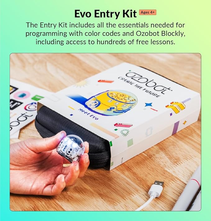 Ozobot Evo Entry Kit: Interactive Coding Robot, Kids Ages 5+, Includes Color Code Markers, Charging Cable, Zip Case, Access to 700+ STEM Lessons - Educators & Parents, No Coding Experience Required