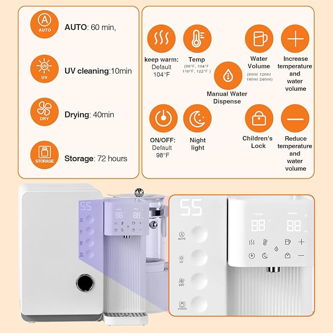 UV Sanitizer and Dryer 6-in- 1 Sanitizing Machine for Baby Bottles ，1.5L Formula Maker with Night Light 4 Temperature Control 24H Keep Warm 72H Storage