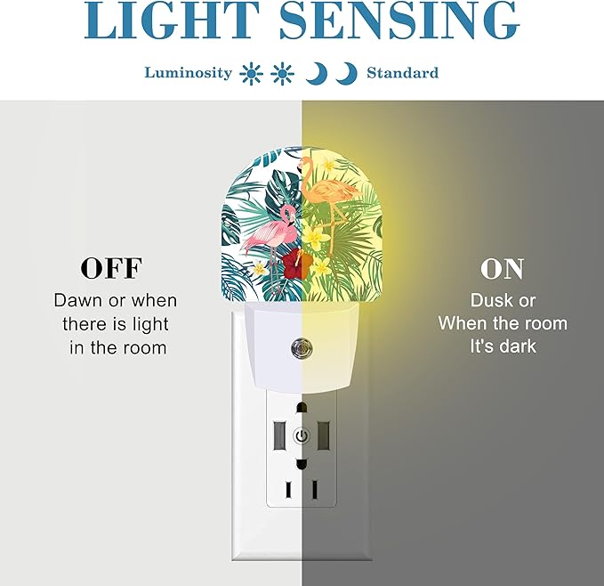Night Light Plug into Wall with Flamingo and Palm Leaves, Dusk to Dawn Sensor for Room Decor, Hallway, Kitchen, Bathroom, Nursery, Stairs