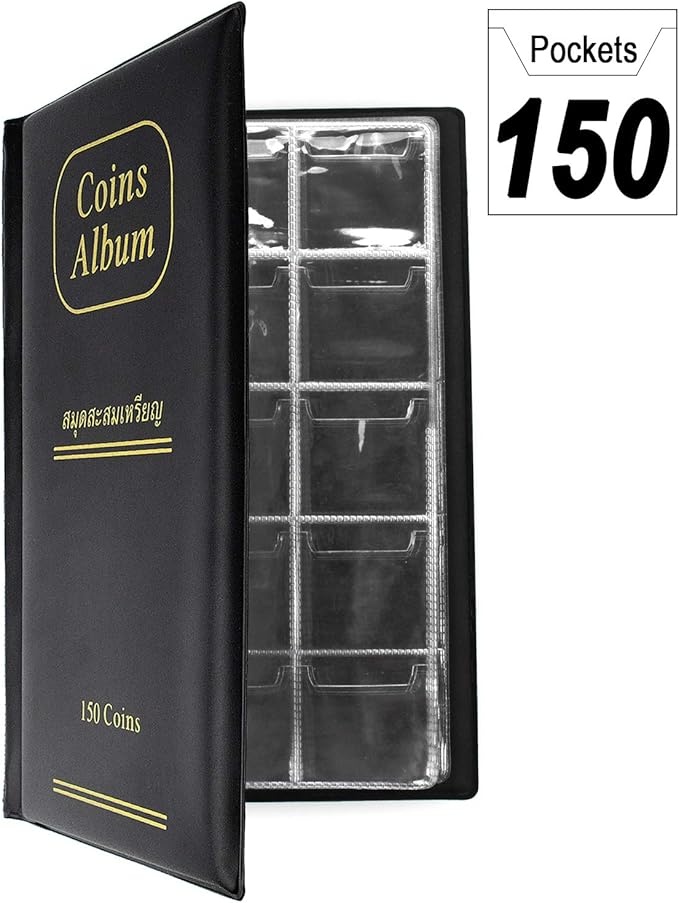 150 Pockets Coin Album, Penny Collecting Book, Souvenir Coins Collection Holder, Ideal for Pressed Pennies Passport, Hobby Coin Collector, Money Specie Display Storage Case (Black)