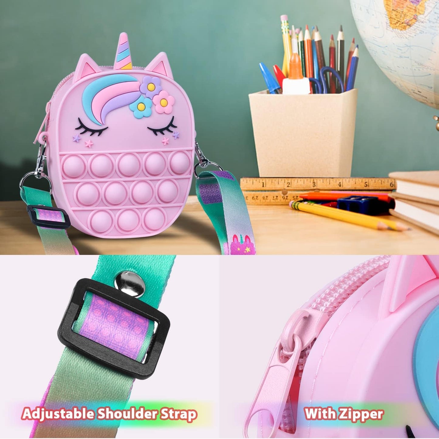 Pop Bag it, Fidget Bag, Pop Purse for Girl and Women Pop Bag with Unicorn Pop Toy, Anti Stress Silicone Poppet Bag Fidget Shoulder Bag, Best Gifts