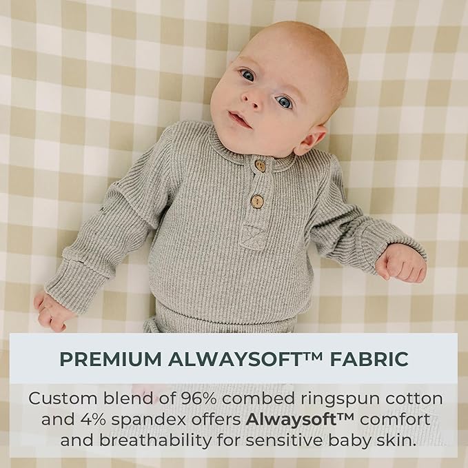 Pobibaby – 2 Pack Pack N Play Sheets and Mini Crib Sheets, Premium Fitted Pack N Play Sheets for Standard Playards and Mini Cribs – Ultra-Soft Jersey Knit, Safe and Snug for Baby (Gingham Khaki)