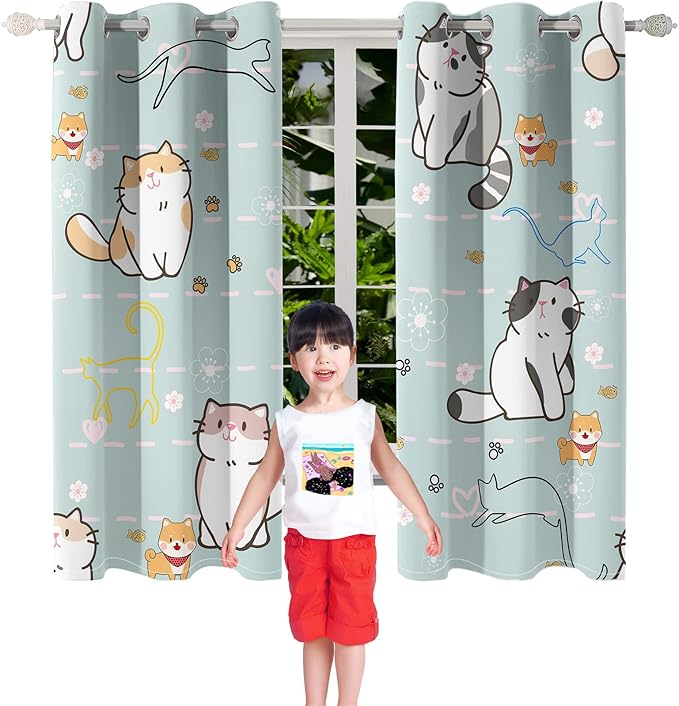 Lovely Cat Blackout Curtains 2 Panels 63" Inch Drapes for Kids Nursery Bedroom Kids Blackout Curtains Animal Themed Grommet Top Thermal Insulated Curtains for Nursery, 82 in x 63 in