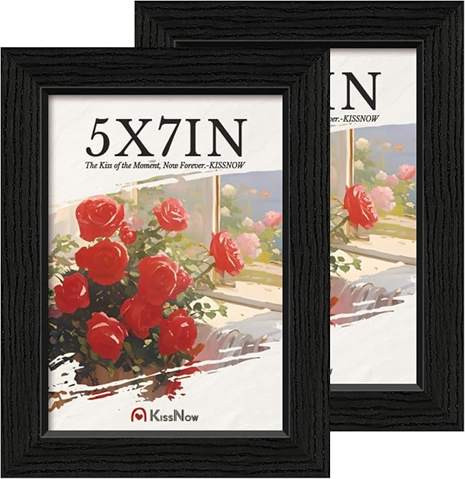 5x7 Picture Frame 2 Pack, Black Solid Wood Gallery Photo Frame, Wall Hanging or Tabletop Display