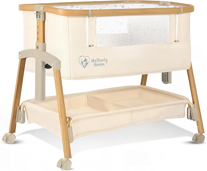 Baby Bassinet Bedside Sleeper, Portable Crib for Newborns, Adjustable 7-Height Auto-Lock, with Wheels, Soft Mattress & Breathable Mesh (Beige)
