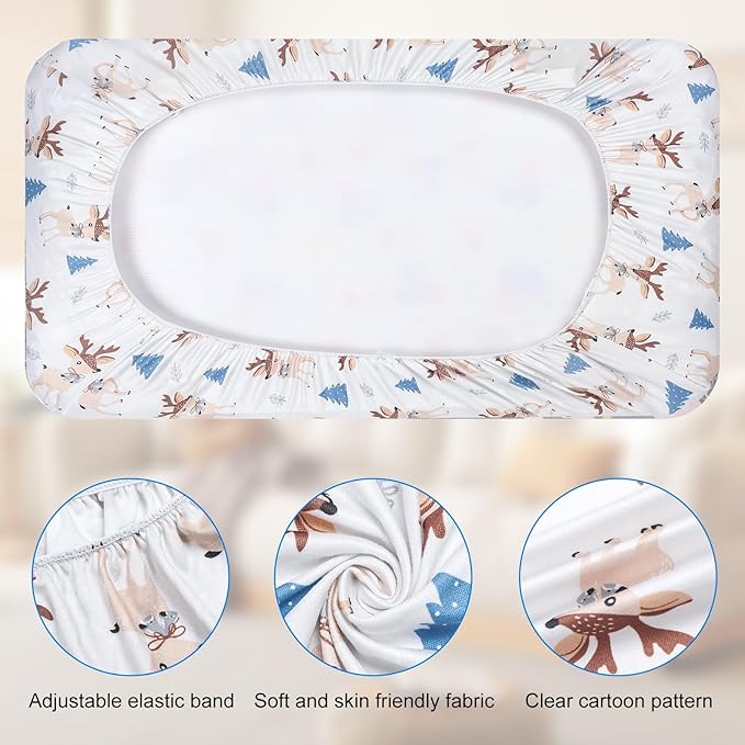Bassinet Bed Sheet Set 2 Pcs Fits Rectangle Oval Halo Hourglass Mattress Stretchy Bassinet Bed Sheet Soft and Comfortable (Deer Park) (Lulu Paradise)