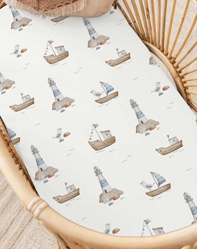 Bassinet Sheets for Baby Girls Boys 2 Pack, Fitted Baby Mattress Sheet for Rectangle, Oval, Hourglass Bassinet Mattress, Breathable Cozy & Universal Fit (Sailing Waves)