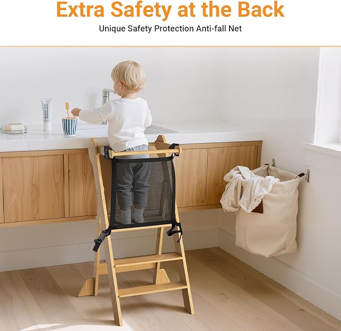 COSYLAND Foldable Toddler Kitchen Stool Helper - Height Adjustable Standing Tower for Bathroom Sink or Kitchen Counter - Step Stool for Toddlers Ages 18 Months to 6 Years Natural