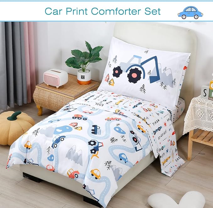 PERFEMET Comforter Set for Twin Bed Reversible Cars Pattern Bedding Set Soft Microfiber Bed in a Bag for Kids Boys Teens All Season Use(White, Twin)