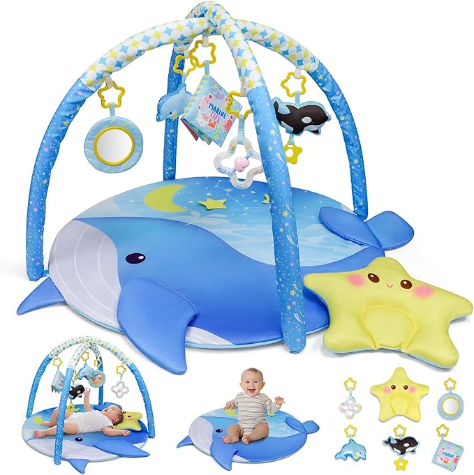 Dr.Rapeti 31x31inch Baby Play Mat, Activity Baby Play Gym with Arch, Playmats & Floor Gyms, Detachable Mirror and Squeaky Soft Set, Thick Non-Toxic Playmats