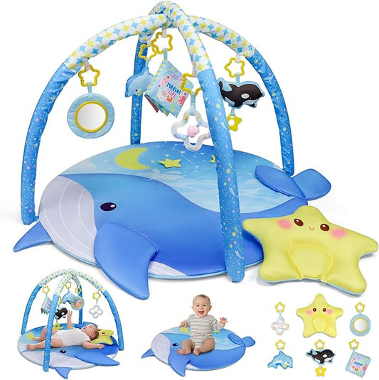 Dr.Rapeti 31x31inch Baby Play Mat, Activity Baby Play Gym with Arch, Playmats & Floor Gyms, Detachable Mirror and Squeaky Soft Set, Thick Non-Toxic Playmats