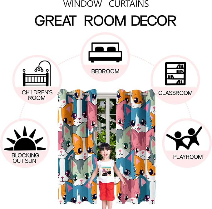 Cat Blackout Curtains for Girls - 2Pcs Cute Cartoon Cat Patterns Curtain Panels for Girls Bedroom Lovely Cats Drapes Darkening Window Curtain for Living Room Bedroom, 82" x 63"