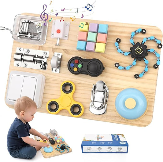 Busy Board for Toddler Kid Early Development, Fidget Sensory Learning Motor Skills Montessori Toy for Age 3 4 5, Busy Pad Fidget Spinner Travel Toy Birthday Gifts Educational Activities for Boy Girl