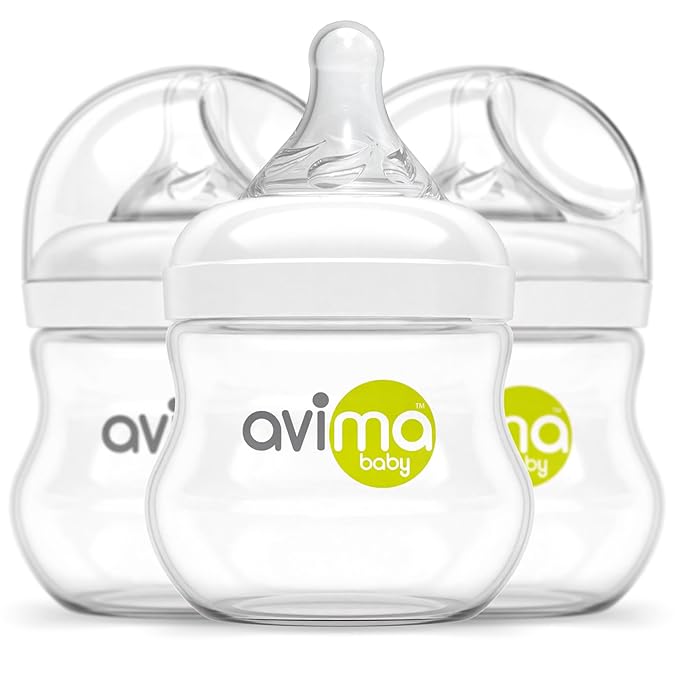 Avima Baby 4 oz Anti Colic Baby Bottles for Breastfed Babies - Slow Flow Nipples, Wide Neck Bottle, BPA Free - Newborn 0-3 Months, Stage 1 (Set of 3)