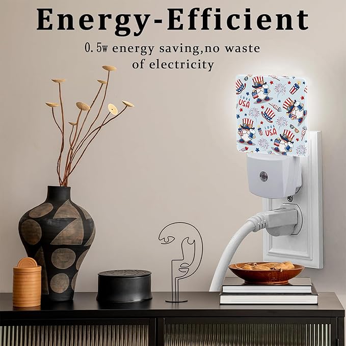 Cute American Patriotic Gnomes Night Light Plug into Wall, USA Flag Love USA Dusk to Dawn Night Light Plug in,0.5w Energy Saving Sleep Friendly NightLight for Kids Boys Girls Home Decor