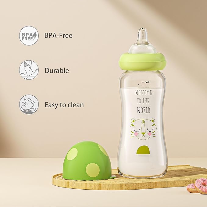 YOHKOH Natural Glass Baby Bottle with Natural Response Nipple, Newborn Anti-Colic Baby Bottles, Wide Neck Mushroom Cap Baby Bottle, Clear (8.8ounce (Pack of 4), Green1)